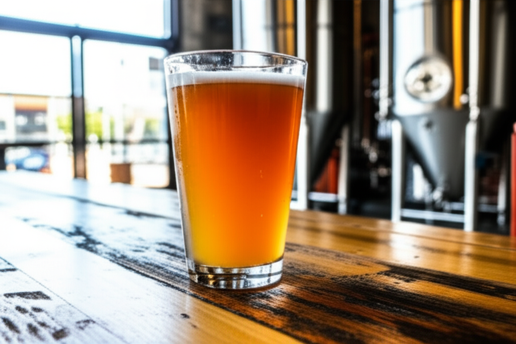 Craft beer glass on reclaimed wood table at Charleston microbrewery